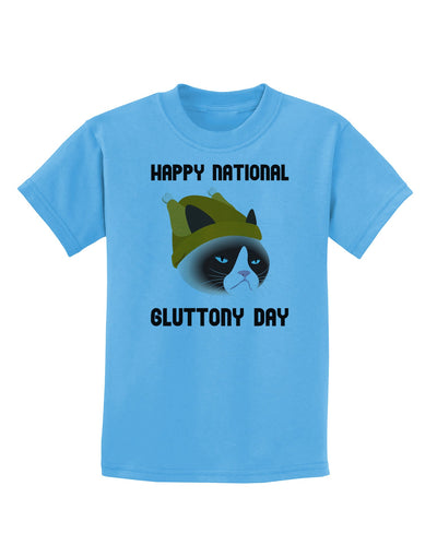 Gluttony Day Disgruntled Cat Childrens T-Shirt-Childrens T-Shirt-TooLoud-Aquatic-Blue-X-Small-Davson Sales