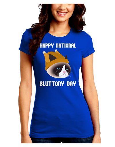 Gluttony Day Disgruntled Cat Juniors Crew Dark T-Shirt-T-Shirts Juniors Tops-TooLoud-Royal-Blue-Juniors Fitted Small-Davson Sales