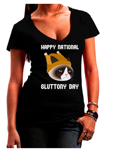 Gluttony Day Disgruntled Cat Juniors V-Neck Dark T-Shirt-Womens V-Neck T-Shirts-TooLoud-Black-Juniors Fitted Small-Davson Sales