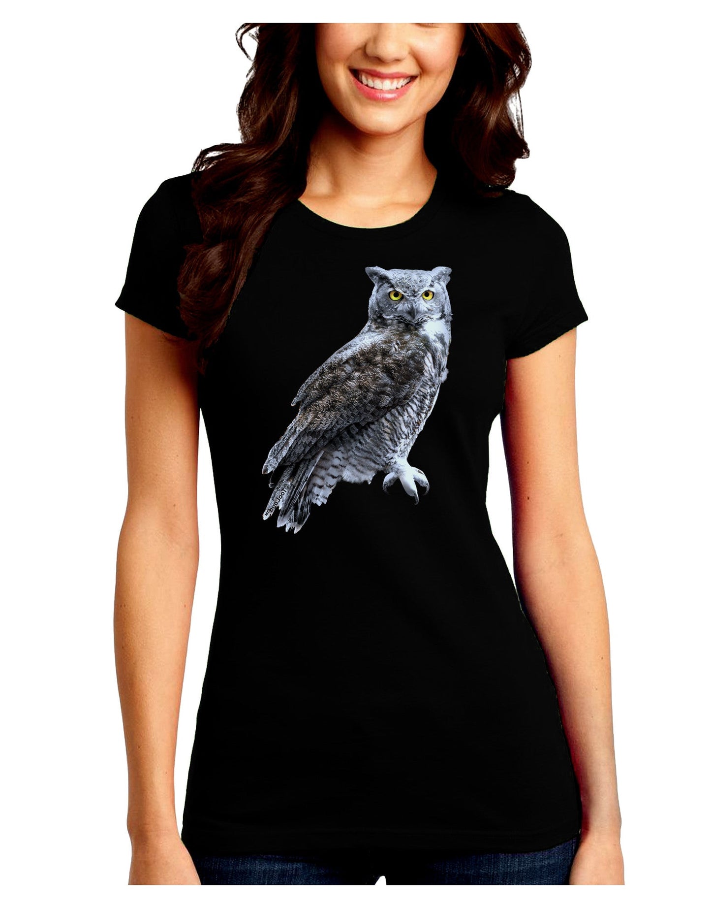 Great Horned Owl Photo Juniors Petite Crew Dark T-Shirt-T-Shirts Juniors Tops-TooLoud-Black-Juniors Fitted Small-Davson Sales