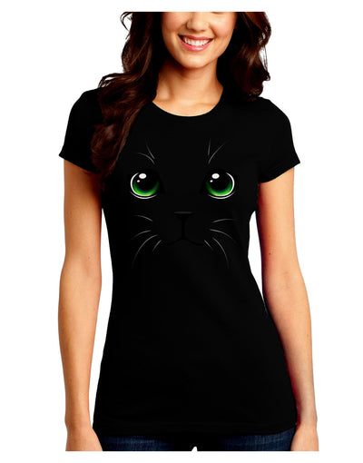 Green-Eyed Cute Cat Face Juniors Petite Crew Dark T-Shirt
