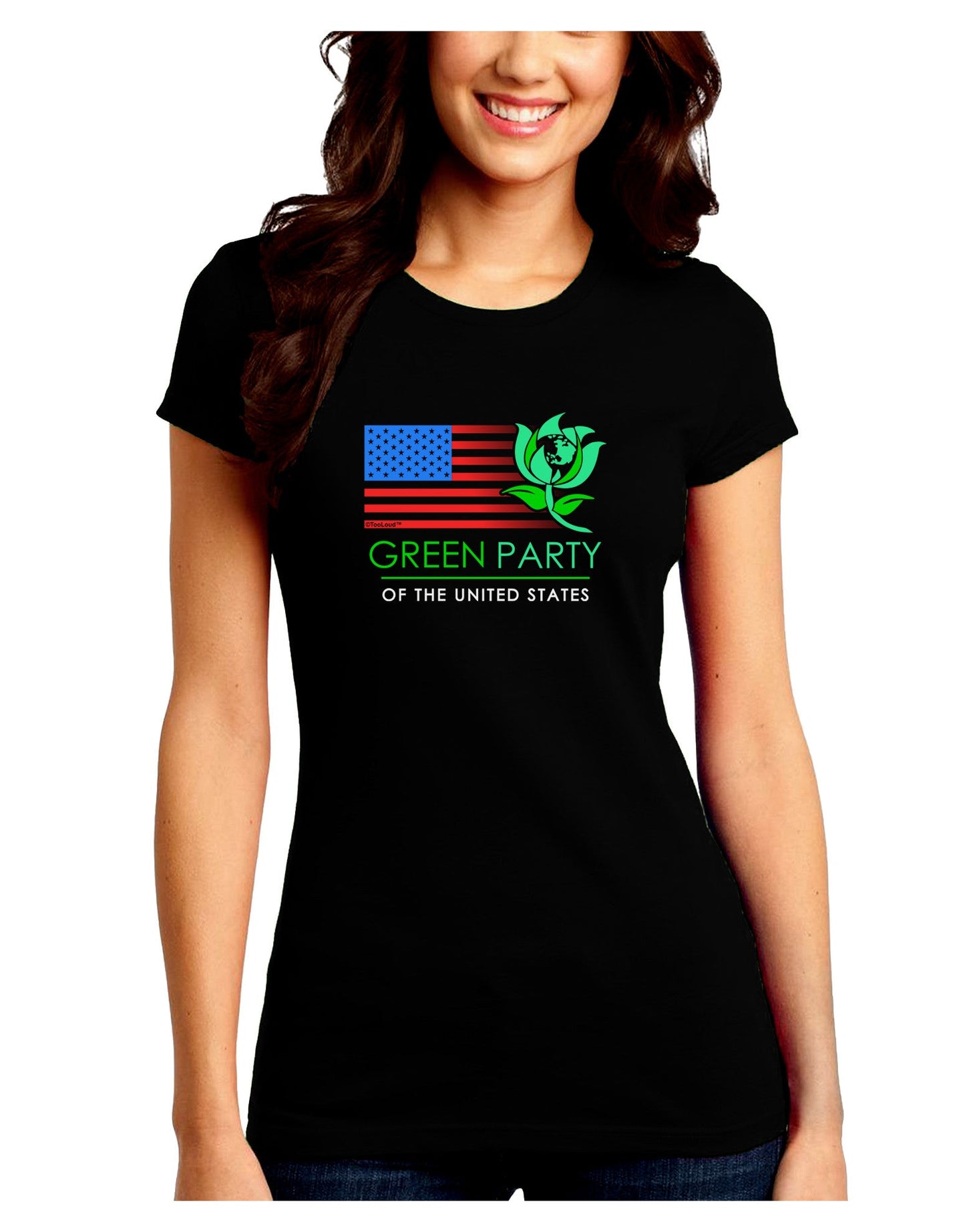 Green Party US Flag Juniors Petite Crew Dark T-Shirt-T-Shirts Juniors Tops-TooLoud-Black-Juniors Fitted Small-Davson Sales