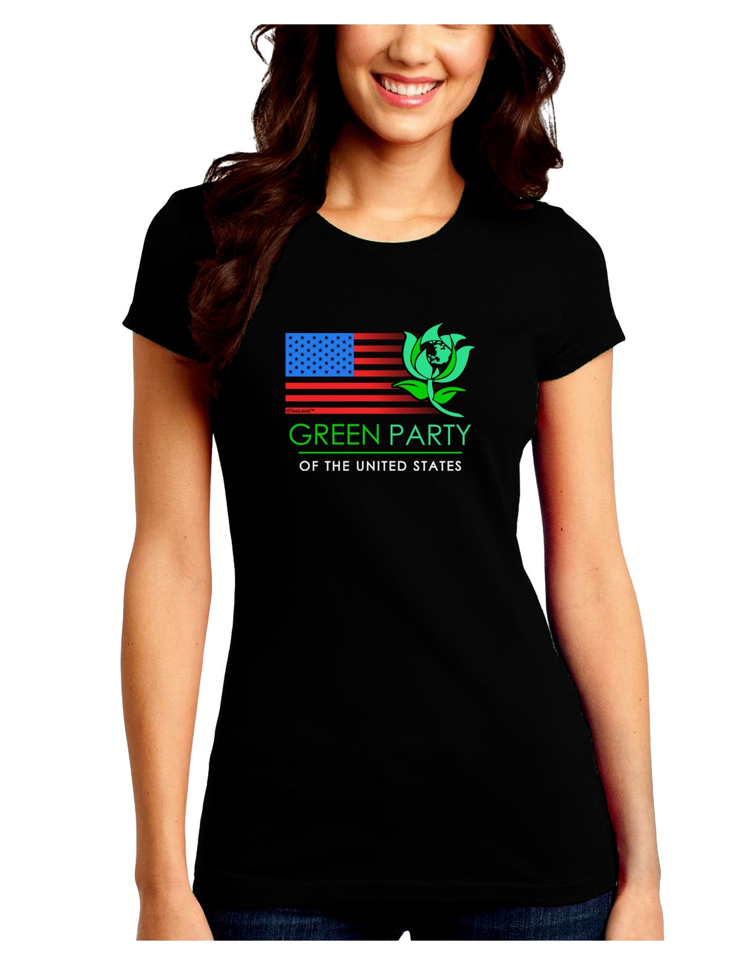 Green Party US Flag Juniors Petite Crew Dark T-Shirt-T-Shirts Juniors Tops-TooLoud-Black-Juniors Fitted Small-Davson Sales