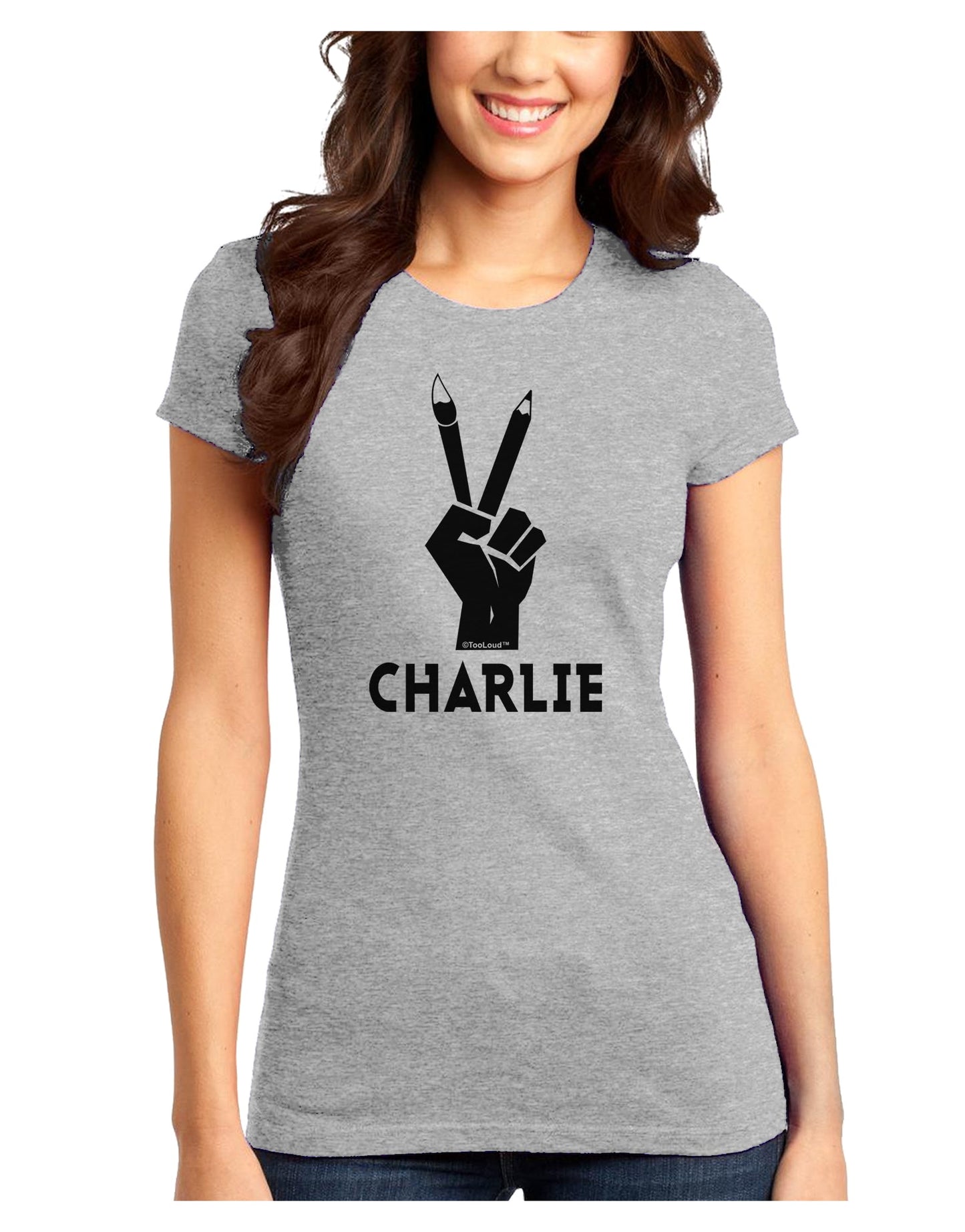 Hand Peace Sign - Charlie Design Juniors T-Shirt by TooLoud-Womens Juniors T-Shirt-TooLoud-Ash-Gray-Juniors Fitted X-Small-Davson Sales