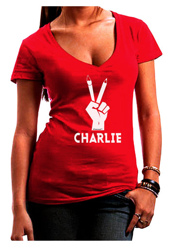 Hand Peace Sign - Charlie Design Juniors V-Neck Dark T-Shirt by TooLoud-Womens V-Neck T-Shirts-TooLoud-Red-Juniors Fitted Small-Davson Sales