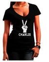 Hand Peace Sign - Charlie Design Juniors V-Neck Dark T-Shirt by TooLoud-Womens V-Neck T-Shirts-TooLoud-Black-Juniors Fitted Small-Davson Sales