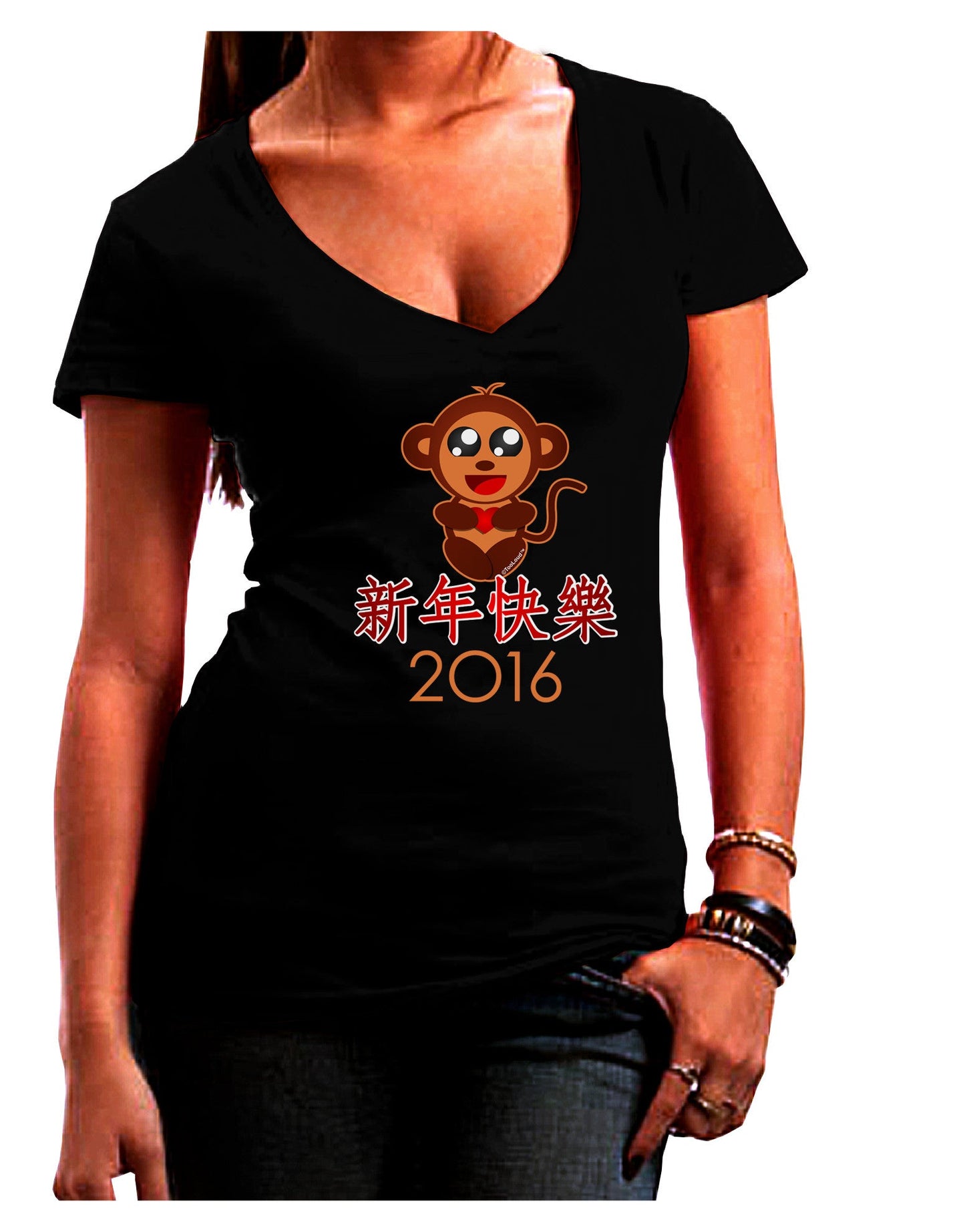 Happy Chinese New Year 2016 Womens V-Neck Dark T-Shirt-Womens V-Neck T-Shirts-TooLoud-Black-Juniors Fitted Small-Davson Sales