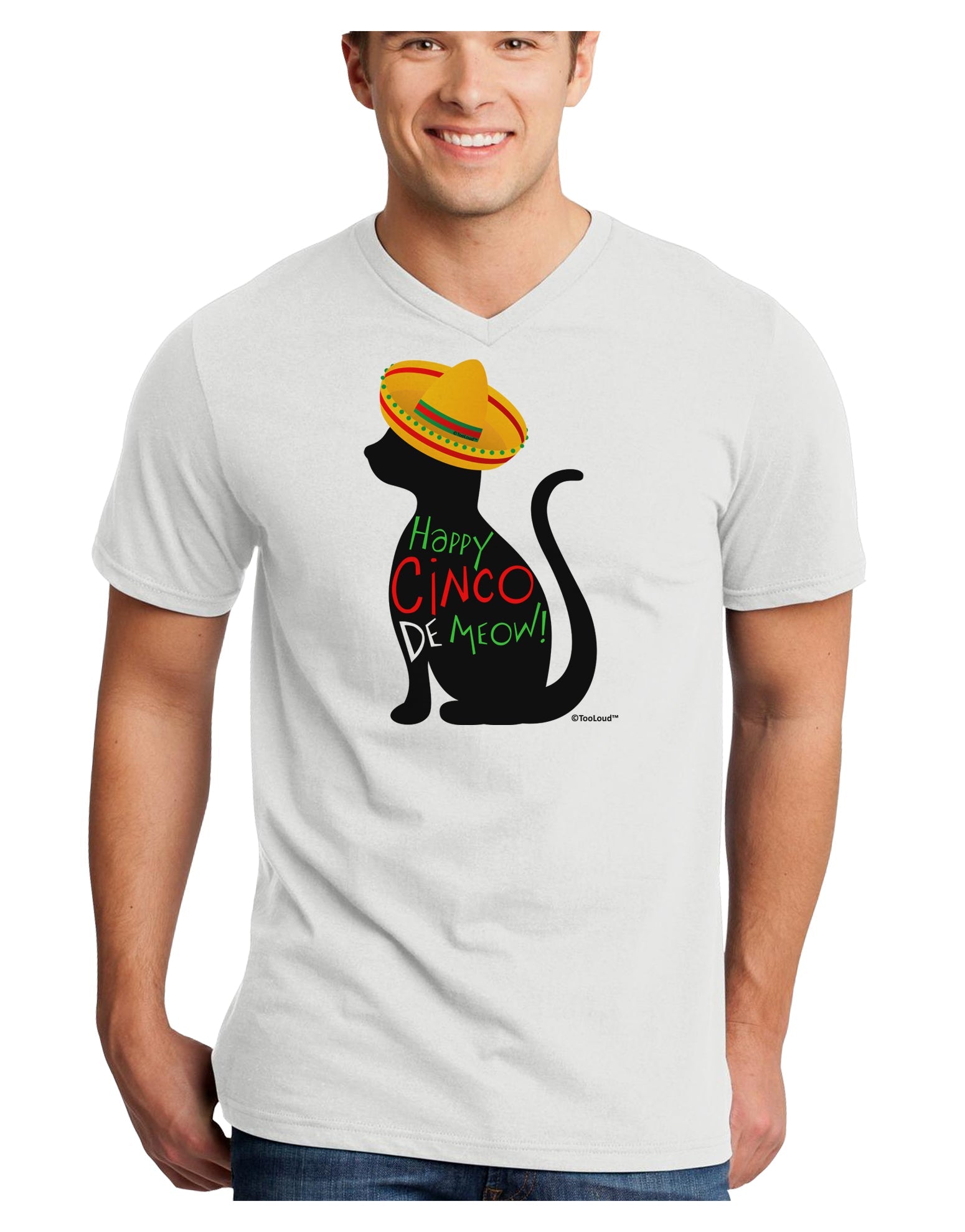 Happy Cinco de Meow - Cinco de Mayo Cat Adult V-Neck T-shirt by TooLoud-Mens V-Neck T-Shirt-TooLoud-White-Small-Davson Sales