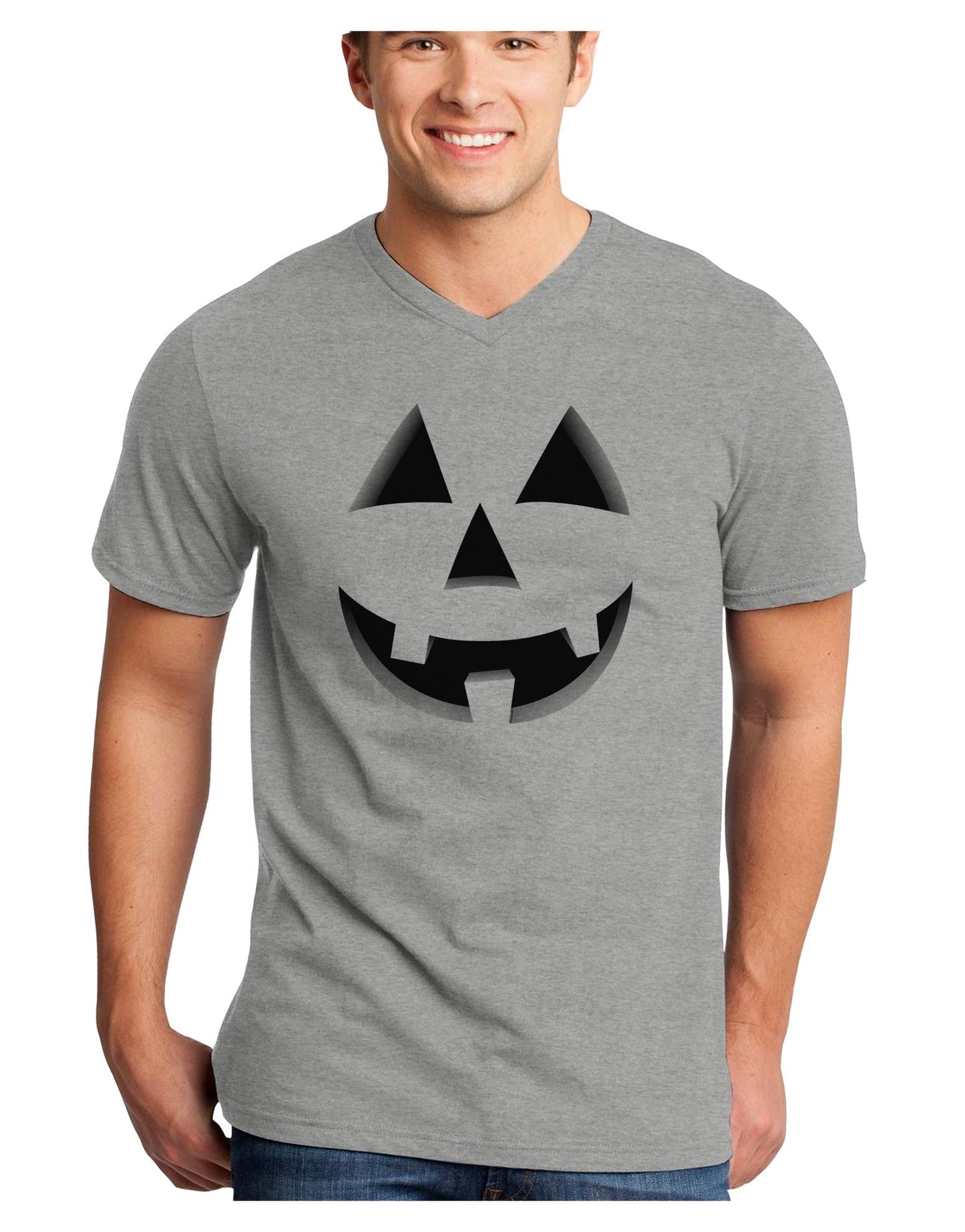 Happy Cute Jack O' Lantern Pumpkin Face Adult V-Neck T-shirt-Mens V-Neck T-Shirt-TooLoud-HeatherGray-Small-Davson Sales