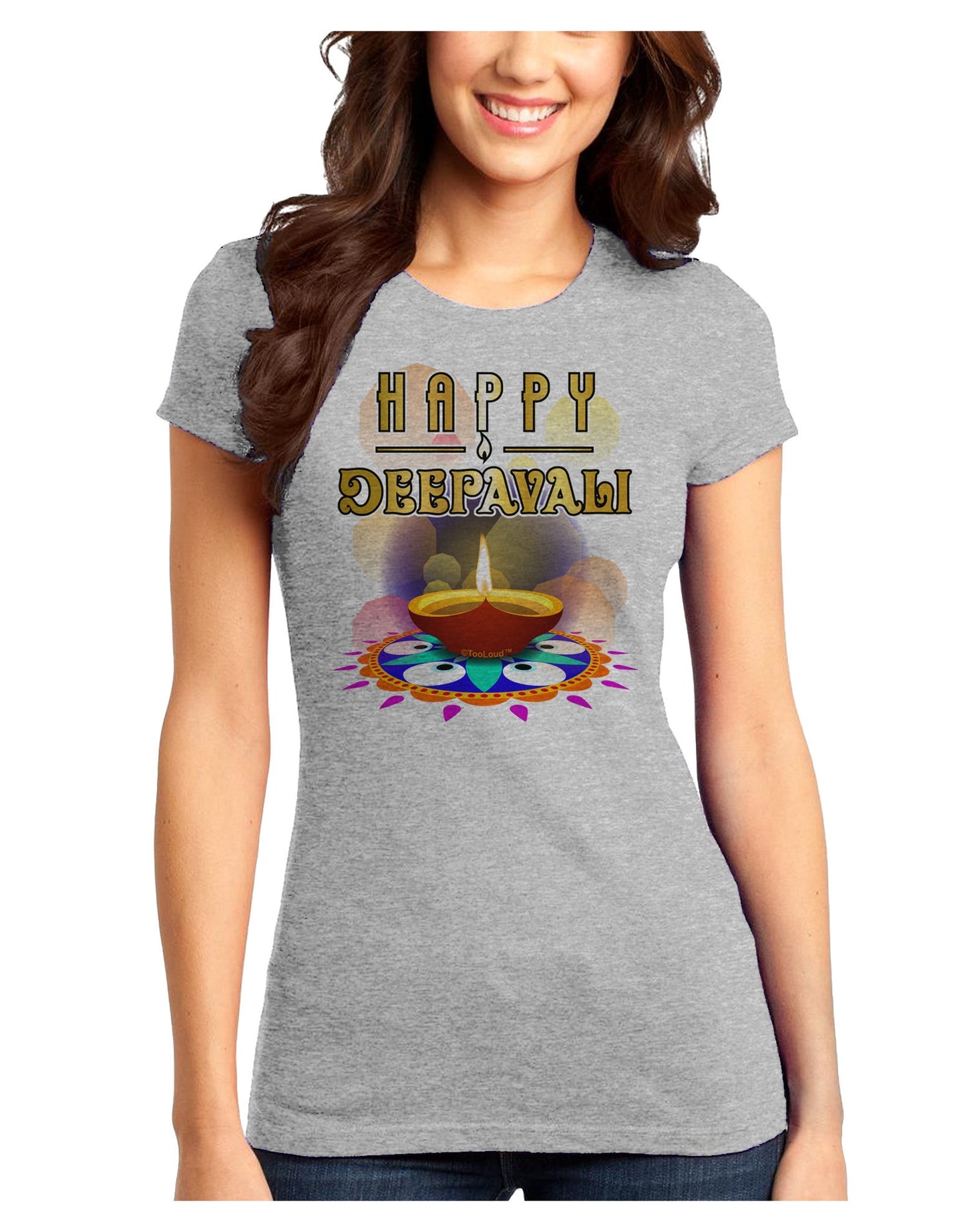 Happy Deepavali - Rangoli and Diya Juniors T-Shirt-Womens Juniors T-Shirt-TooLoud-Ash-Gray-Juniors Fitted X-Small-Davson Sales