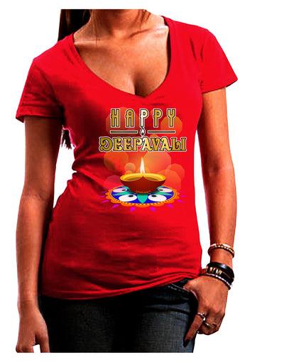 Happy Deepavali - Rangoli and Diya Juniors V-Neck Dark T-Shirt-Womens V-Neck T-Shirts-TooLoud-Red-Juniors Fitted Small-Davson Sales