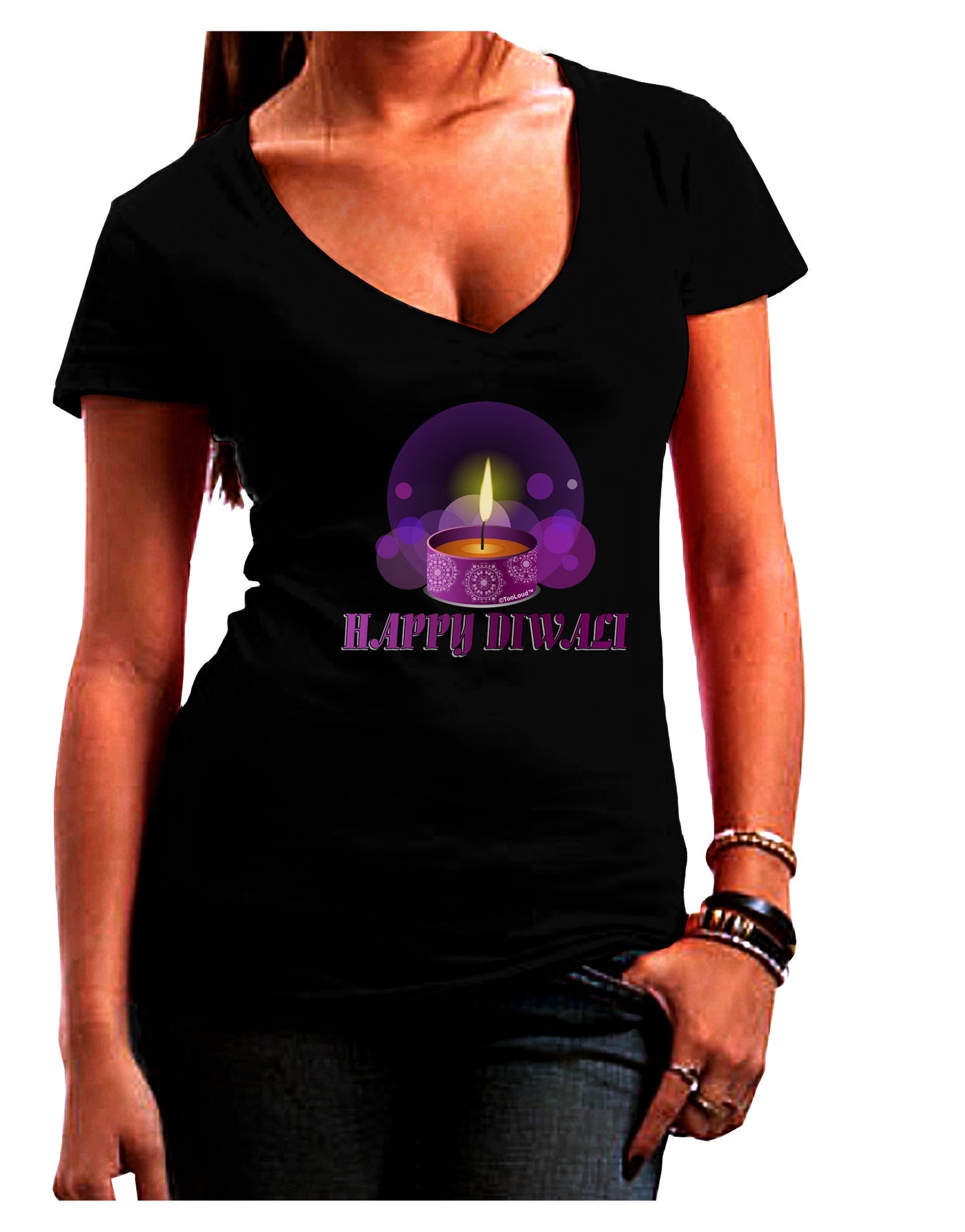 Happy Diwali Purple Candle Womens V-Neck Dark T-Shirt by TooLoud-Womens V-Neck T-Shirts-TooLoud-Black-Juniors Fitted Small-Davson Sales