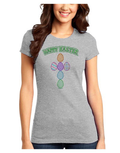 Happy Easter Egg Cross Faux Applique Juniors Petite T-Shirt-T-Shirts Juniors Tops-TooLoud-Ash-Gray-Juniors Fitted X-Small-Davson Sales