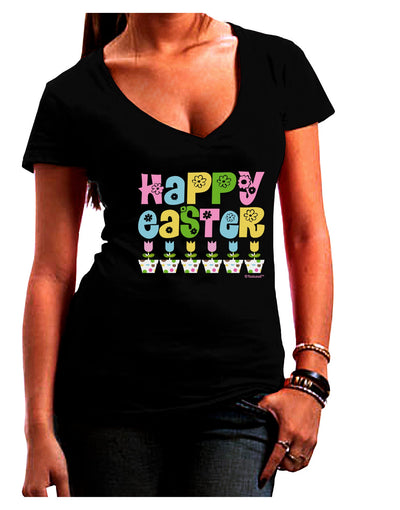 Happy Easter - Tulips Juniors V-Neck Dark T-Shirt by TooLoud-Womens V-Neck T-Shirts-TooLoud-Black-Juniors Fitted Small-Davson Sales