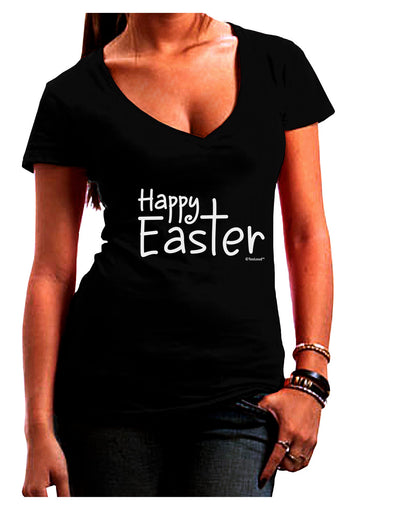 Happy Easter with Cross Juniors V-Neck Dark T-Shirt by TooLoud-Womens V-Neck T-Shirts-TooLoud-Black-Juniors Fitted Small-Davson Sales