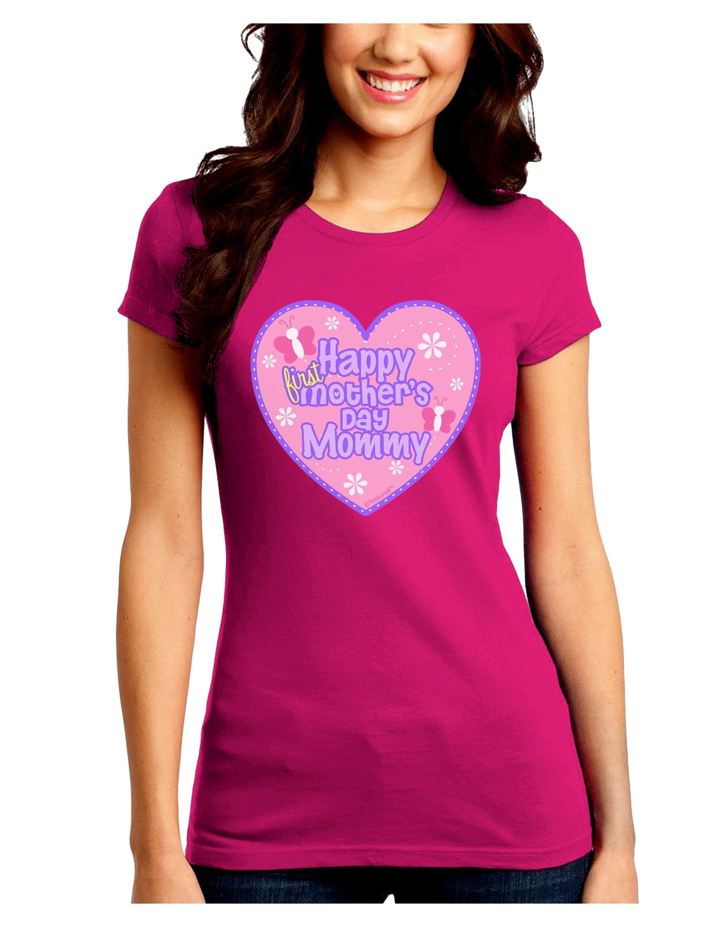 Happy First Mother's Day Mommy - Pink Juniors Crew Dark T-Shirt by TooLoud-T-Shirts Juniors Tops-TooLoud-Hot-Pink-Juniors Fitted Small-Davson Sales