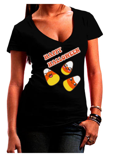 Happy Halloween Cute Candy Corn Juniors V-Neck Dark T-Shirt-Womens V-Neck T-Shirts-TooLoud-Black-Juniors Fitted Small-Davson Sales