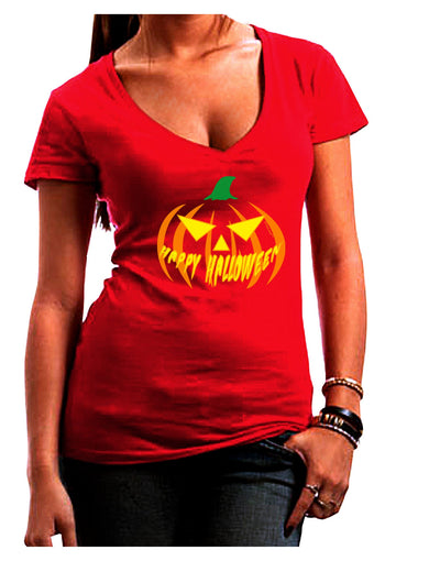 Happy Halloween Jack Yellow Juniors V-Neck Dark T-Shirt-Womens V-Neck T-Shirts-TooLoud-Red-Juniors Fitted Small-Davson Sales