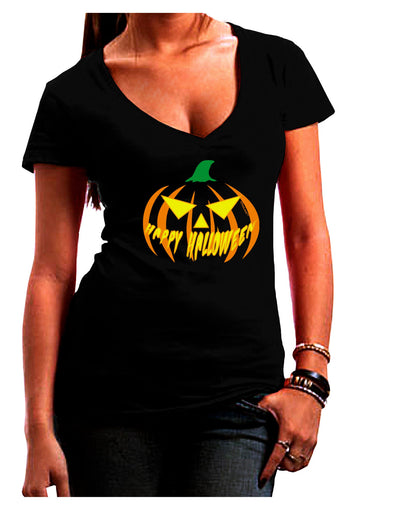 Happy Halloween Jack Yellow Juniors V-Neck Dark T-Shirt-Womens V-Neck T-Shirts-TooLoud-Black-Juniors Fitted Small-Davson Sales