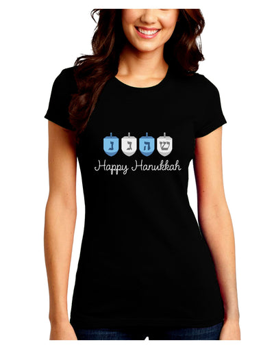 Happy Hanukkah Blue Dreidels Juniors Crew Dark T-Shirt-T-Shirts Juniors Tops-TooLoud-Black-Juniors Fitted Small-Davson Sales