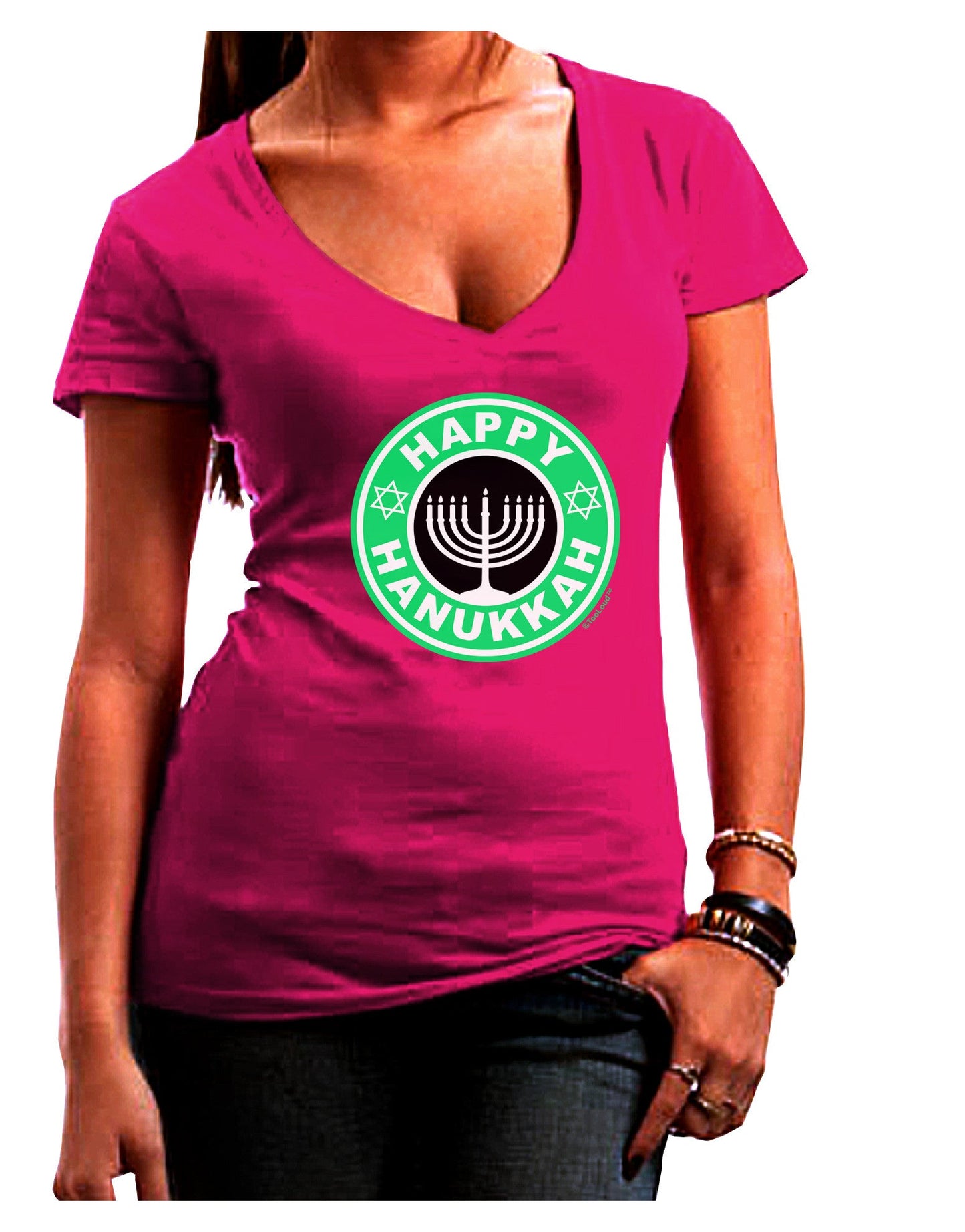 Happy Hanukkah Latte Logo Womens V-Neck Dark T-Shirt-Womens V-Neck T-Shirts-TooLoud-Hot-Pink-Juniors Fitted Small-Davson Sales