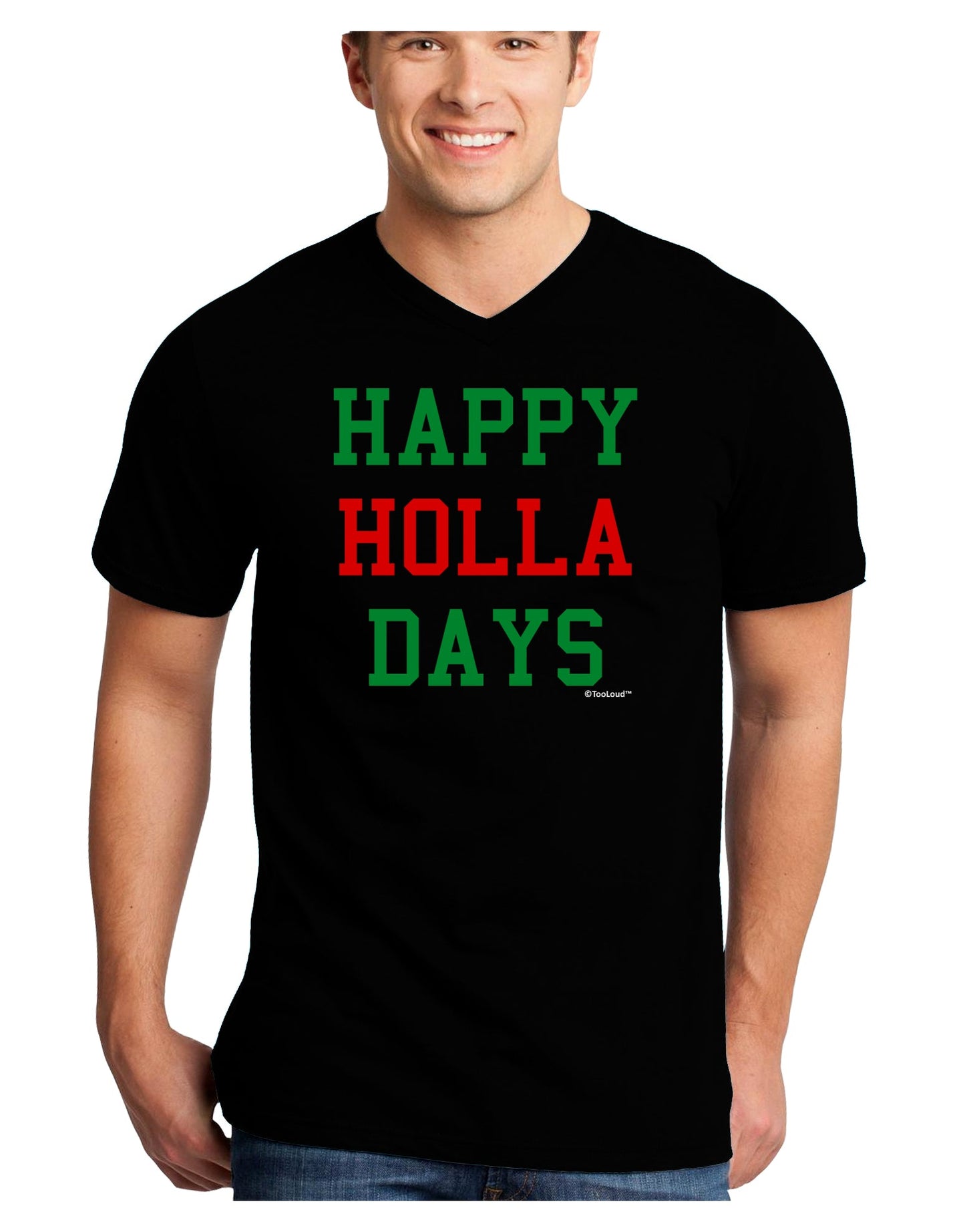 Happy Holla Days - Red and Green Adult Dark V-Neck T-Shirt by TooLoud-Mens V-Neck T-Shirt-TooLoud-Black-Small-Davson Sales