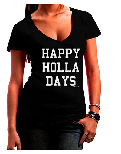 Happy Holla Days Text Juniors V-Neck Dark T-Shirt by TooLoud-Womens V-Neck T-Shirts-TooLoud-Black-Juniors Fitted Small-Davson Sales