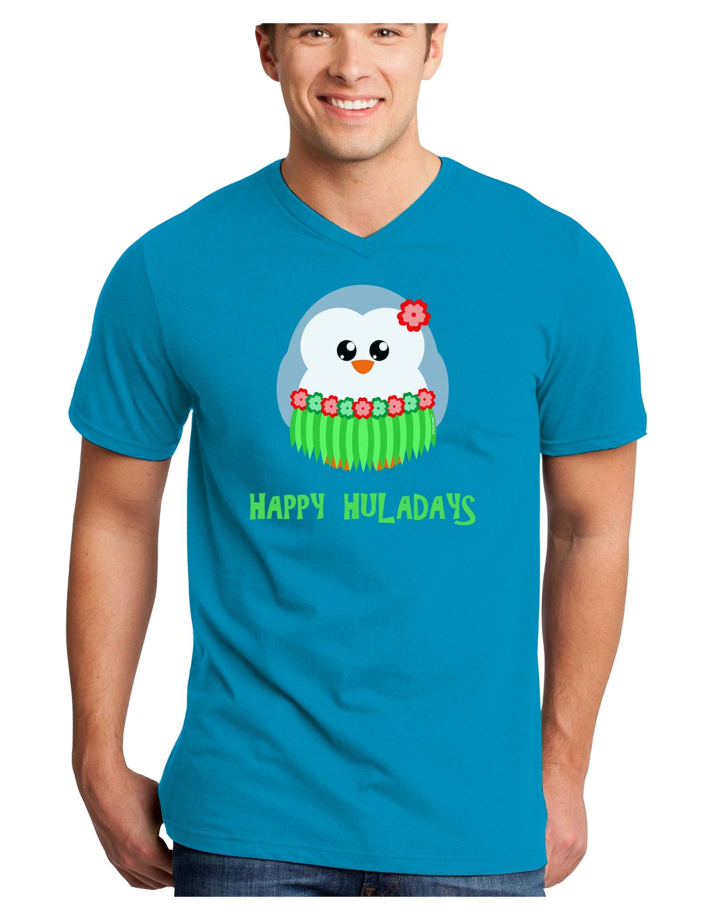 Happy Huladays Christmas Penguin - Red and Green Adult Dark V-Neck T-Shirt-TooLoud-Turquoise-Small-Davson Sales