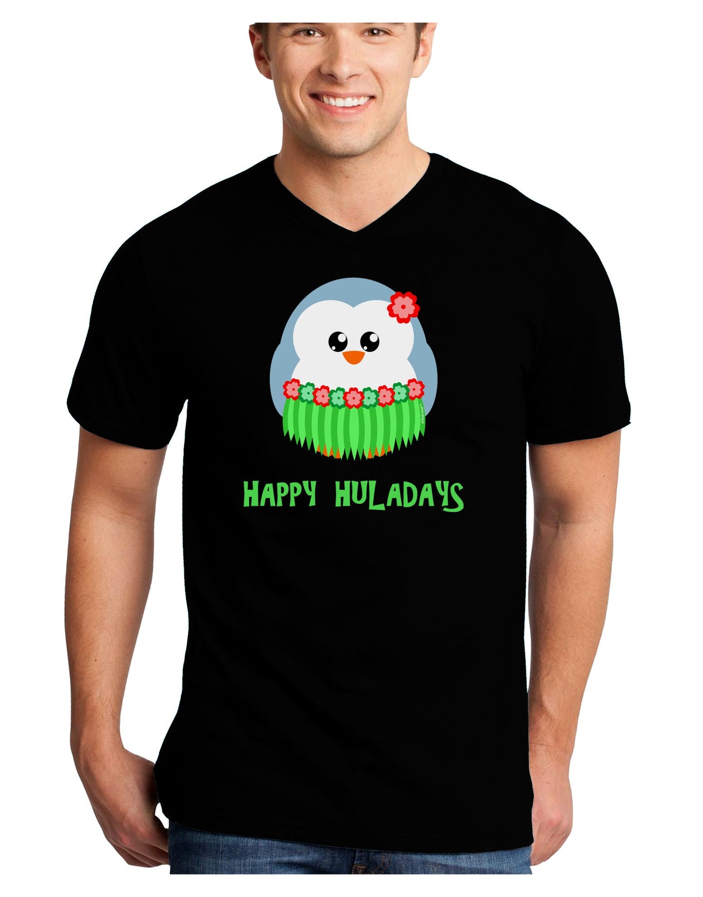 Happy Huladays Christmas Penguin - Red and Green Adult Dark V-Neck T-Shirt-TooLoud-Black-Small-Davson Sales