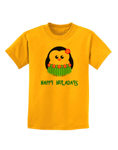 Happy Huladays Christmas Penguin - Red and Green Childrens T-Shirt-Childrens T-Shirt-TooLoud-Gold-X-Small-Davson Sales