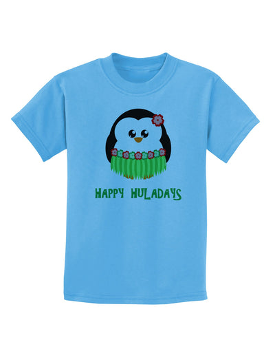 Happy Huladays Christmas Penguin - Red and Green Childrens T-Shirt-Childrens T-Shirt-TooLoud-Aquatic-Blue-X-Small-Davson Sales