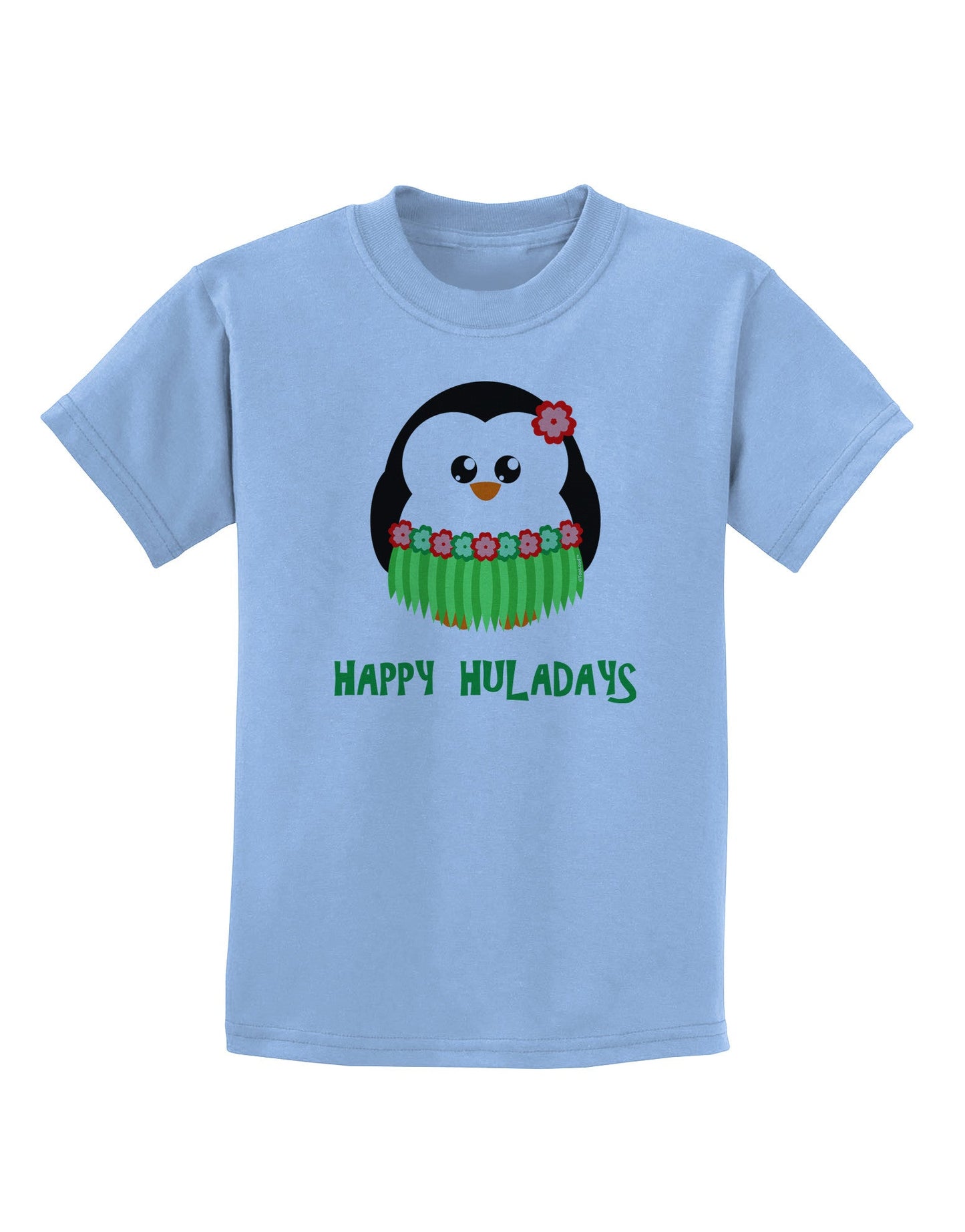 Happy Huladays Christmas Penguin - Red and Green Childrens T-Shirt-Childrens T-Shirt-TooLoud-Light-Blue-X-Small-Davson Sales