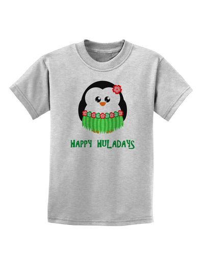 Happy Huladays Christmas Penguin - Red and Green Childrens T-Shirt-Childrens T-Shirt-TooLoud-AshGray-X-Small-Davson Sales