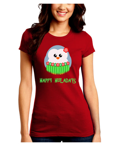 Happy Huladays Christmas Penguin - Red and Green Juniors Crew Dark T-Shirt-T-Shirts Juniors Tops-TooLoud-Red-Juniors Fitted Small-Davson Sales