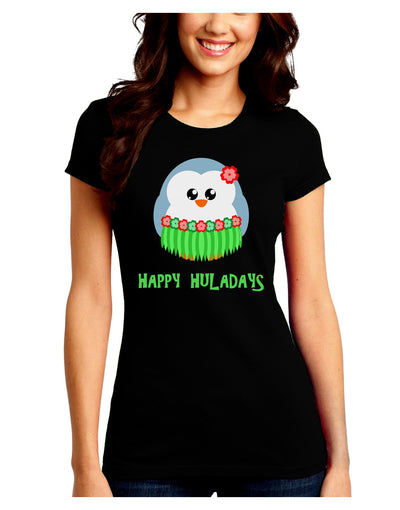 Happy Huladays Christmas Penguin - Red and Green Juniors Crew Dark T-Shirt-T-Shirts Juniors Tops-TooLoud-Black-Juniors Fitted Small-Davson Sales