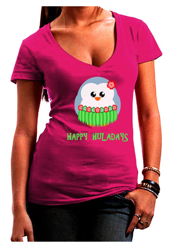 Happy Huladays Christmas Penguin - Red and Green Juniors V-Neck Dark T-Shirt-Womens V-Neck T-Shirts-TooLoud-Hot-Pink-Juniors Fitted Small-Davson Sales