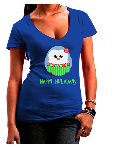 Happy Huladays Christmas Penguin - Red and Green Juniors V-Neck Dark T-Shirt-Womens V-Neck T-Shirts-TooLoud-Royal-Blue-Juniors Fitted Small-Davson Sales