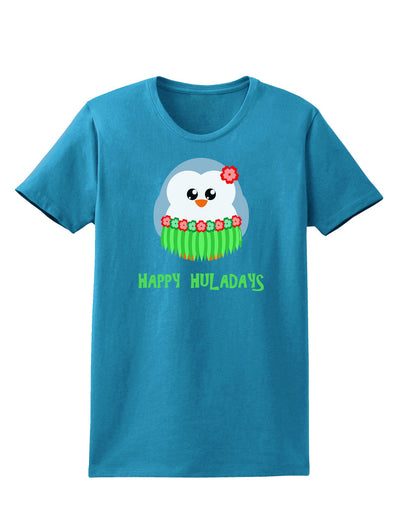 Happy Huladays Christmas Penguin - Red and Green Womens Dark T-Shirt-TooLoud-Turquoise-X-Small-Davson Sales