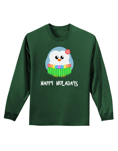 Happy Huladays Holiday Penguin - Christmas Adult Long Sleeve Dark T-Shirt-TooLoud-Dark-Green-Small-Davson Sales