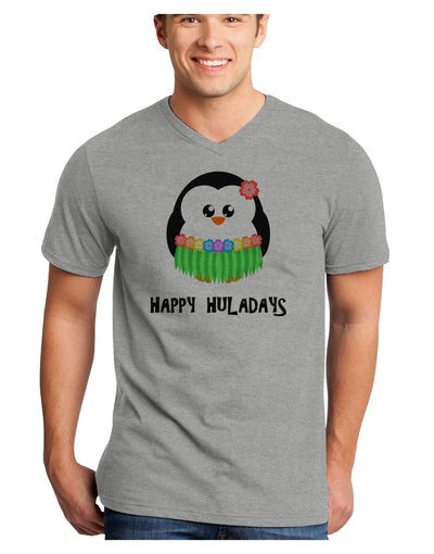 Happy Huladays Holiday Penguin - Christmas Adult V-Neck T-shirt-Mens V-Neck T-Shirt-TooLoud-HeatherGray-Small-Davson Sales