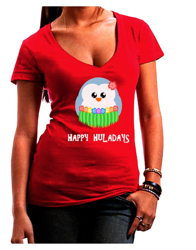 Happy Huladays Holiday Penguin - Christmas Juniors V-Neck Dark T-Shirt-Womens V-Neck T-Shirts-TooLoud-Red-Juniors Fitted Small-Davson Sales