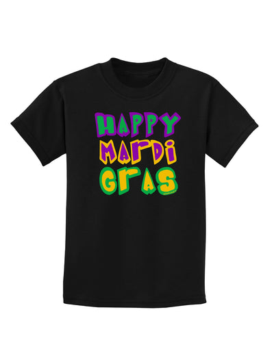 Happy Mardi Gras Text 2 Childrens Dark T-Shirt-Childrens T-Shirt-TooLoud-Black-X-Small-Davson Sales