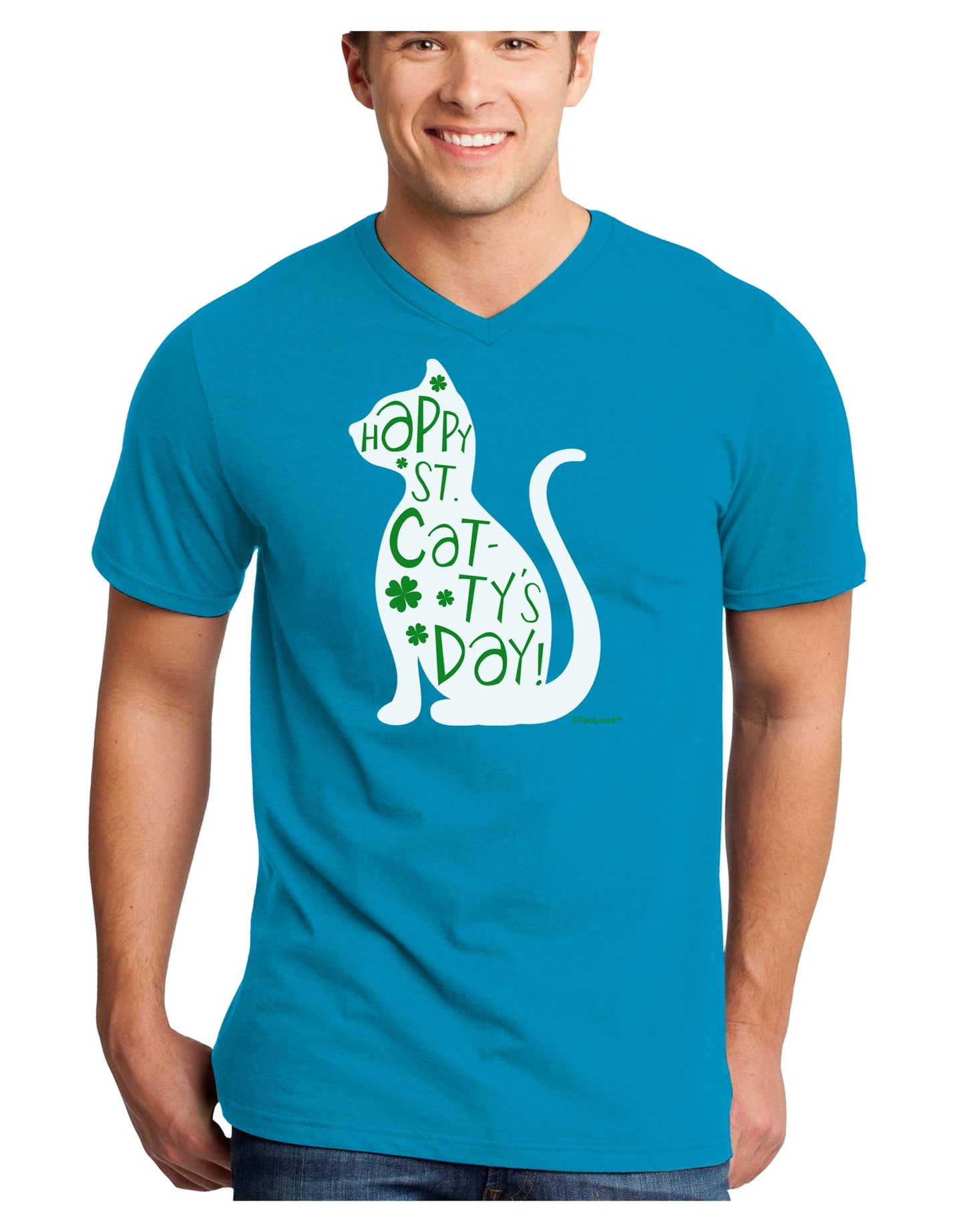 Happy St. Catty's Day - St. Patrick's Day Cat Adult Dark V-Neck T-Shirt by TooLoud-Mens V-Neck T-Shirt-TooLoud-Turquoise-Small-Davson Sales