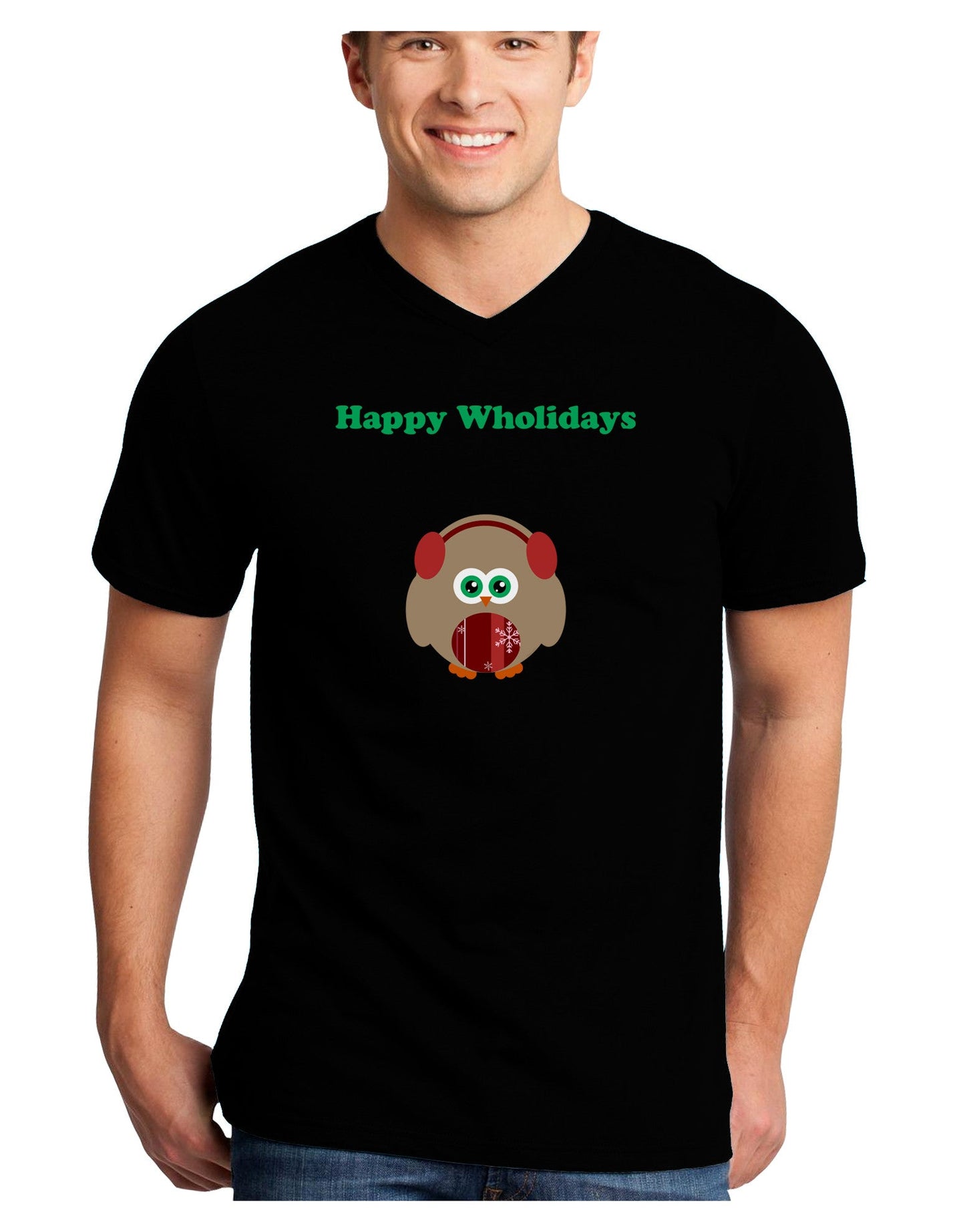 Happy Wholidays Winter Owl With Earmuffs Adult Dark V-Neck T-Shirt-TooLoud-Black-Small-Davson Sales