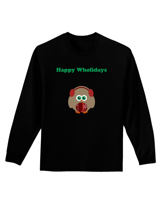 Happy Wholidays Winter Owl With Earmuffs Adult Long Sleeve Dark T-Shirt-TooLoud-Black-Small-Davson Sales