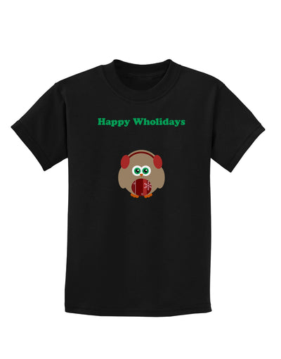 Happy Wholidays Winter Owl With Earmuffs Childrens Dark T-Shirt-Childrens T-Shirt-TooLoud-Black-X-Small-Davson Sales