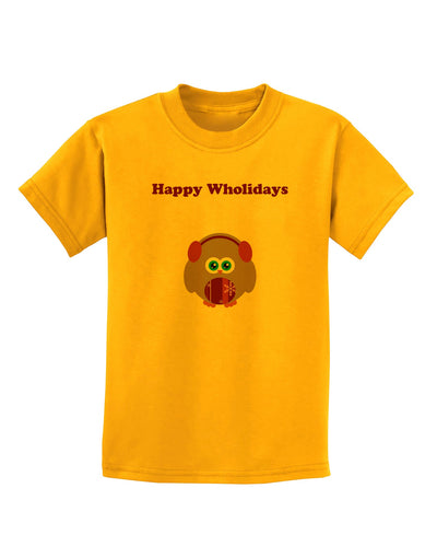 Happy Wholidays Winter Owl With Earmuffs Childrens T-Shirt-Childrens T-Shirt-TooLoud-Gold-X-Small-Davson Sales