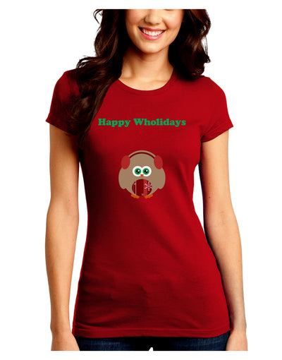 Happy Wholidays Winter Owl With Earmuffs Juniors Crew Dark T-Shirt-T-Shirts Juniors Tops-TooLoud-Red-Juniors Fitted Small-Davson Sales