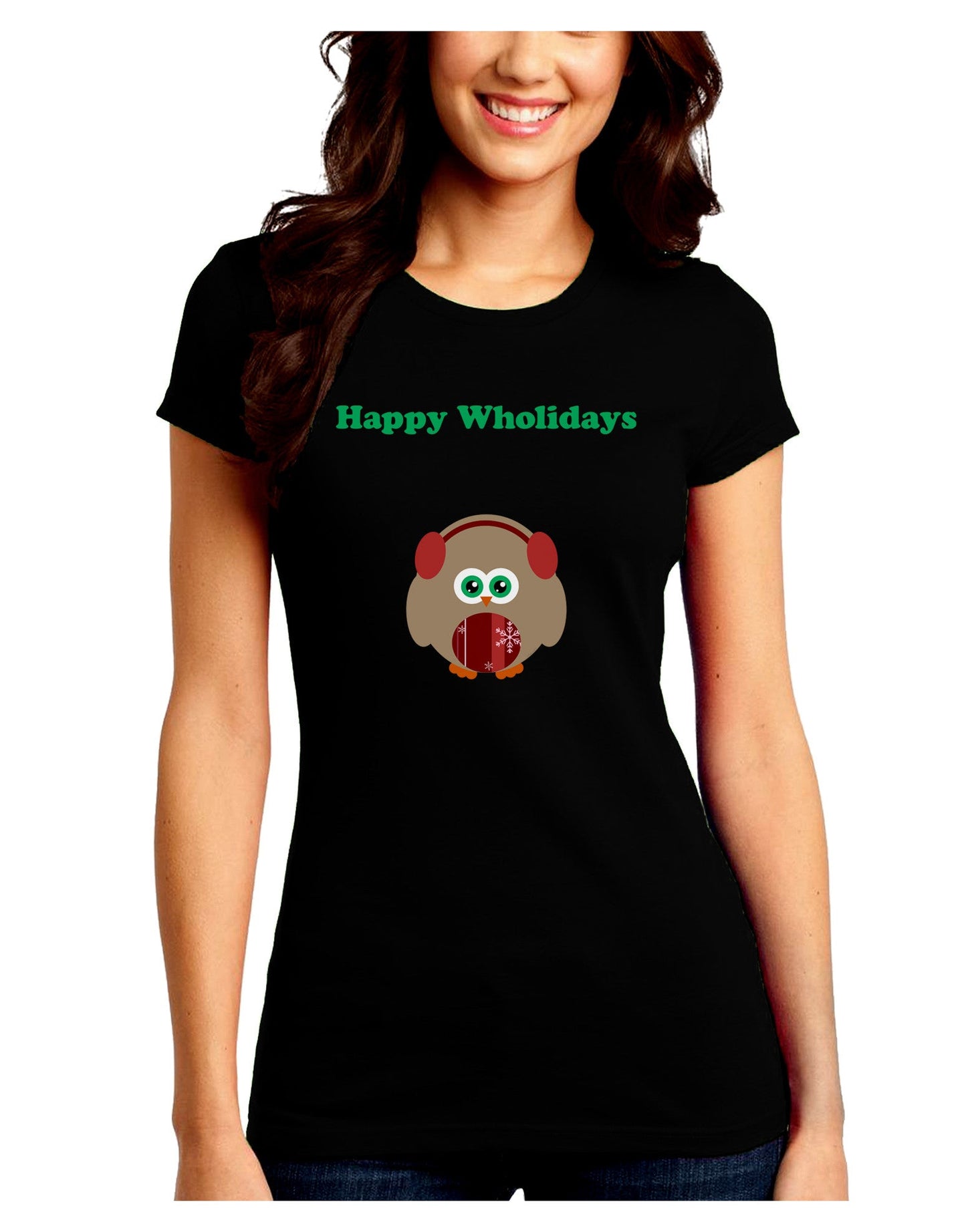 Happy Wholidays Winter Owl With Earmuffs Juniors Crew Dark T-Shirt-T-Shirts Juniors Tops-TooLoud-Black-Juniors Fitted Small-Davson Sales