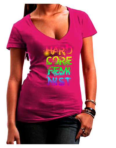 Hardcore Feminist - Rainbow Juniors V-Neck Dark T-Shirt-Womens V-Neck T-Shirts-TooLoud-Hot-Pink-Juniors Fitted Small-Davson Sales